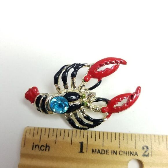 Vintage Lobster Crawfish Enamel Brooch with Blue Rhinestone, Retro Lapel Pin - Picture 3 of 6